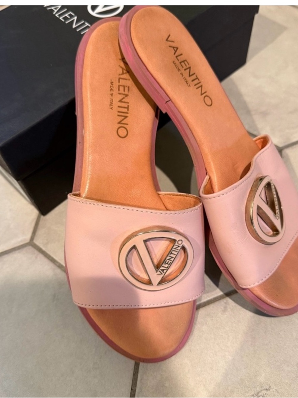 Valentino Pink Leather Slide Sandals with Gold Logo Medallion